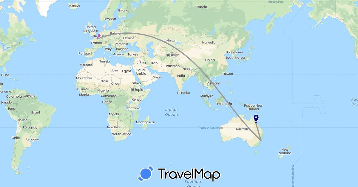 TravelMap itinerary: driving, bus, plane, train in Australia, Belgium, France (Europe, Oceania)